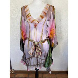 ROBERTO CAVALLI Butterfly Sleeve Tropical Print Tie-Waist Blouson Top